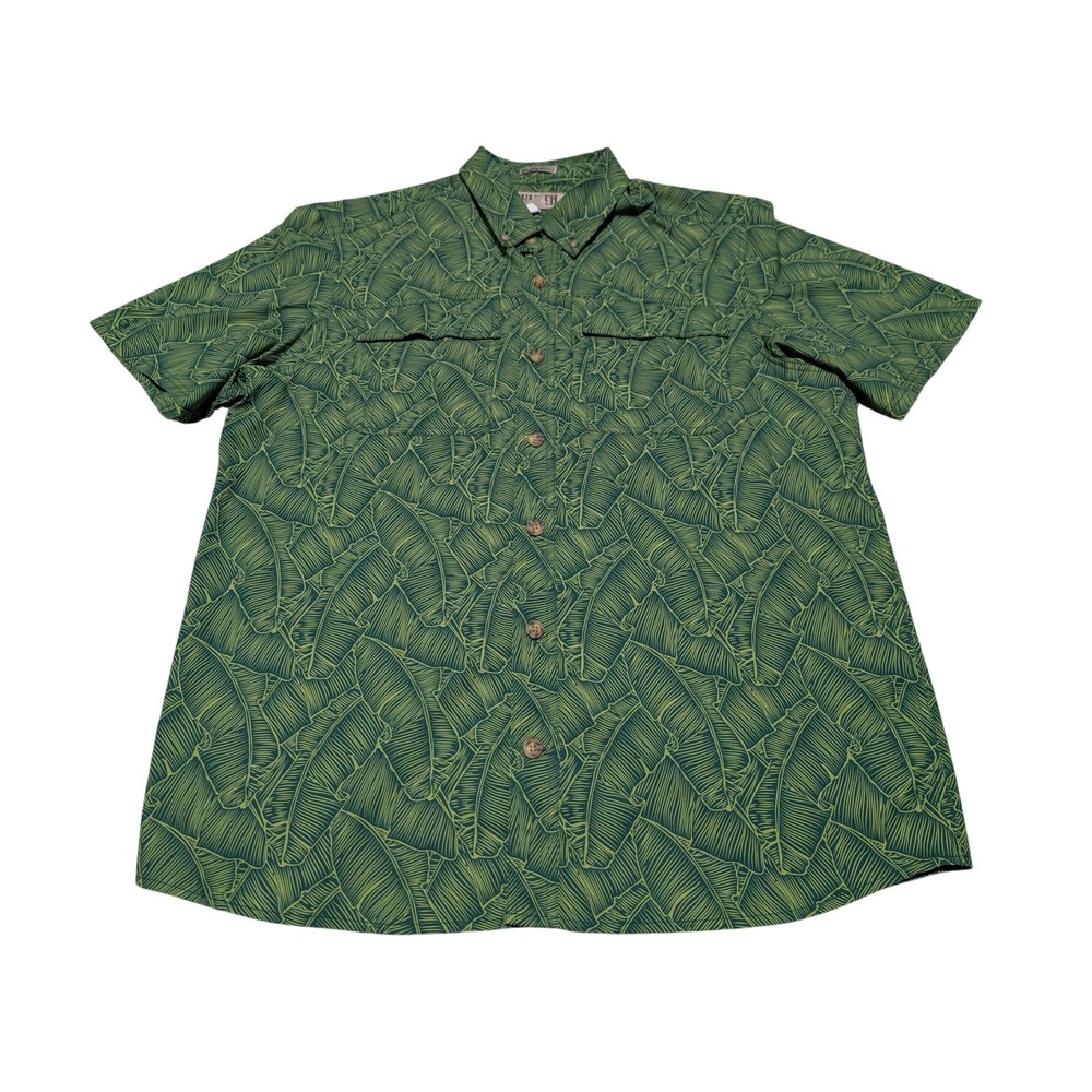 Duluth Trading Co Shirt Mens L Green Banana Leaf Tropical Untucked Short Sleeve